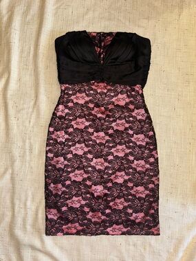 Le Chateau Y2K Black Lace Pink Bustier Dress M Satin Bodice Bodycon